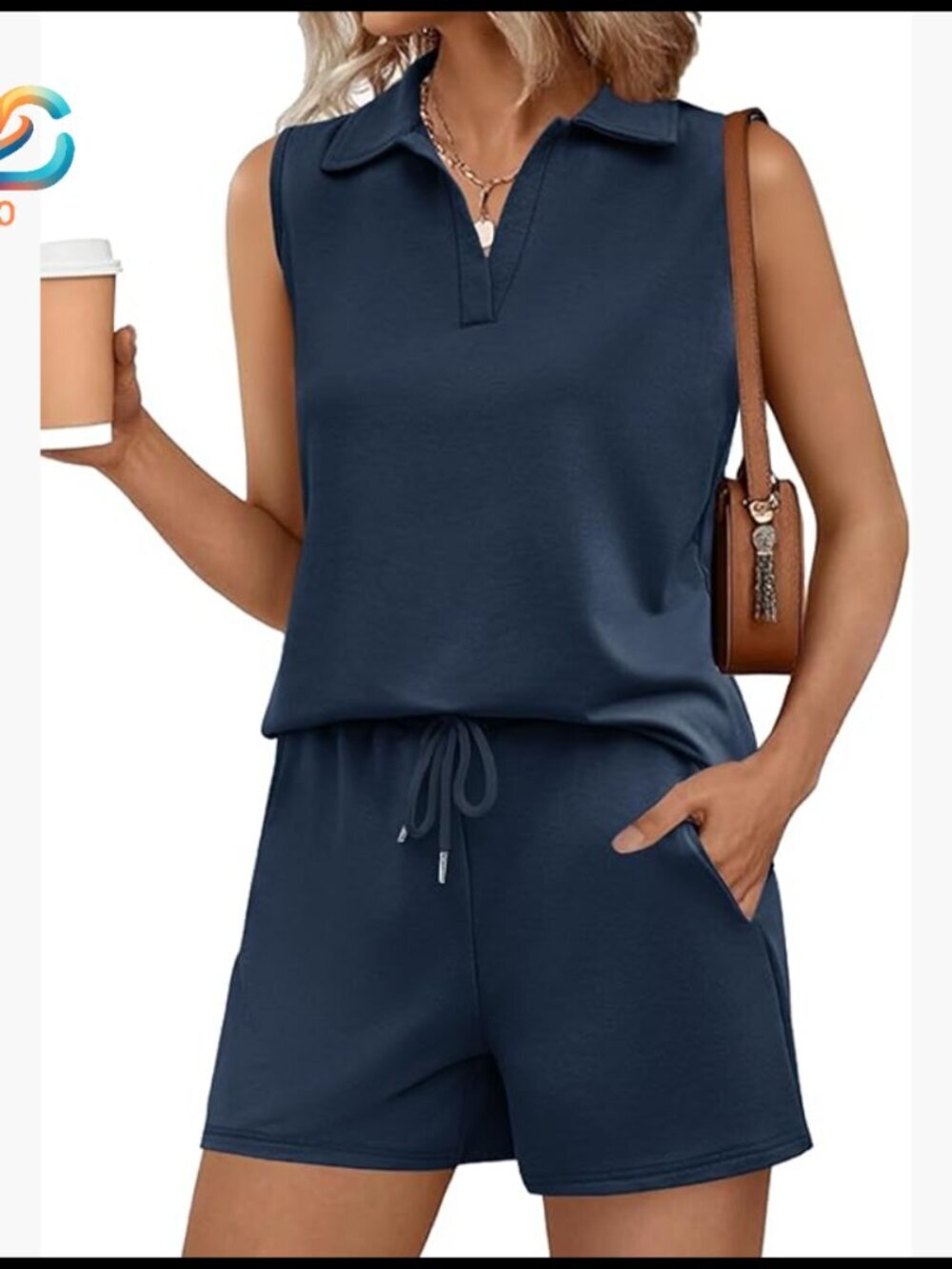 Sleeveless V-Neck Lounge Set with Drawstring Shorts, Lightweight Polyester